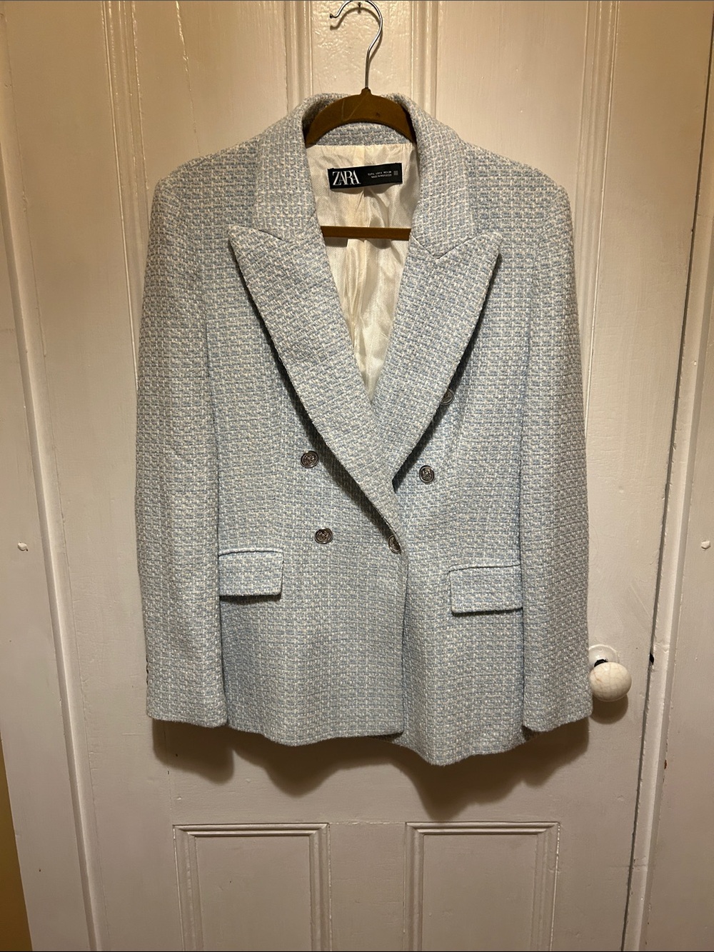Zara Light Blue Double-Breasted Tweed Blazer